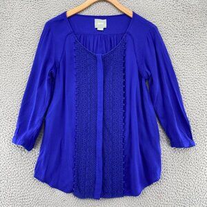 Maeve Top Womens 2 Blue Button Up 3/4 Raglan Sleeve Lace Overlay Blouse Casual